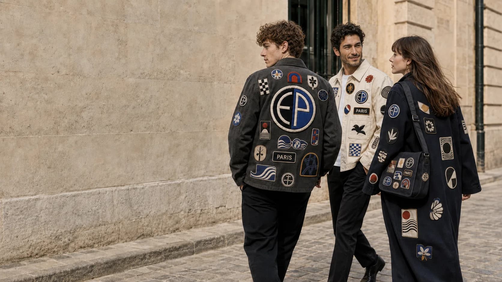 Trois personnes marchant dans une rue de Paris, veste, surchemise et manteau couverts d'écussons brodés Écussons Paris