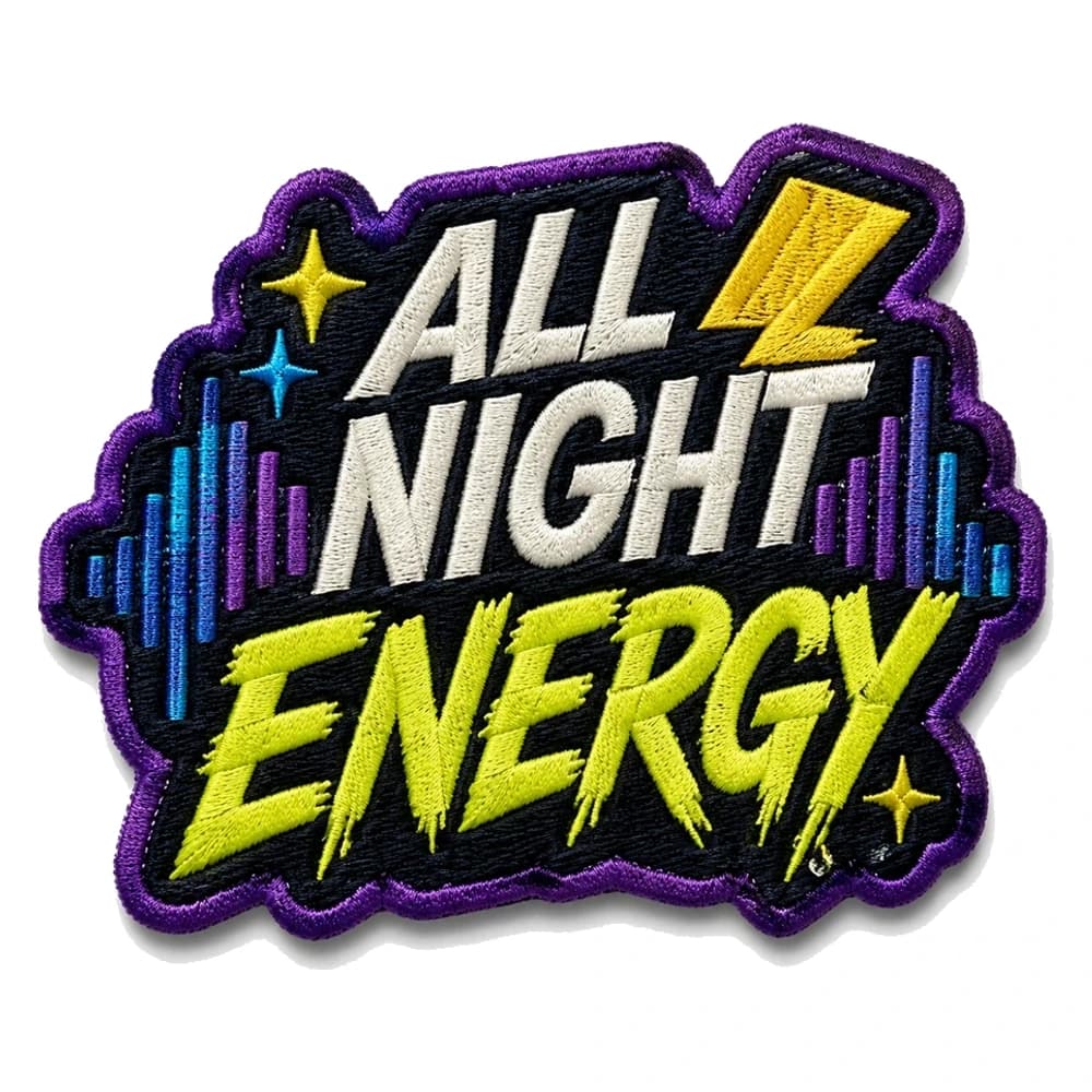 Écusson brodé All Night Energy, lettrage graphique découpé