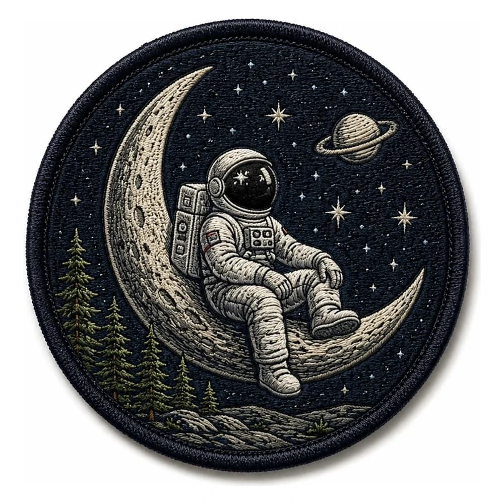 Écusson brodé rond d'astronaute assis sur un croissant de lune