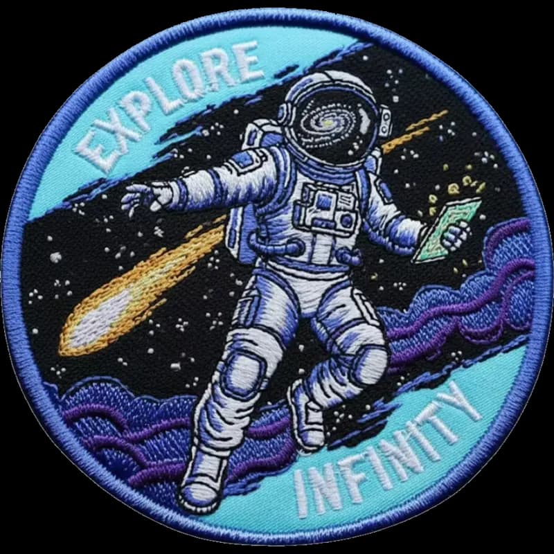 Écusson brodé rond astronaute « Explore Infinity », scène spatiale détaillée