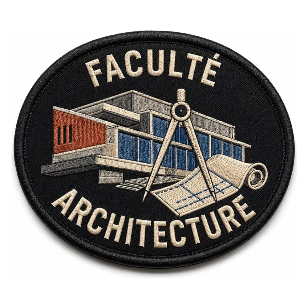Écusson brodé ovale de faculté d'architecture, bâtiment moderniste, compas et plan déroulé