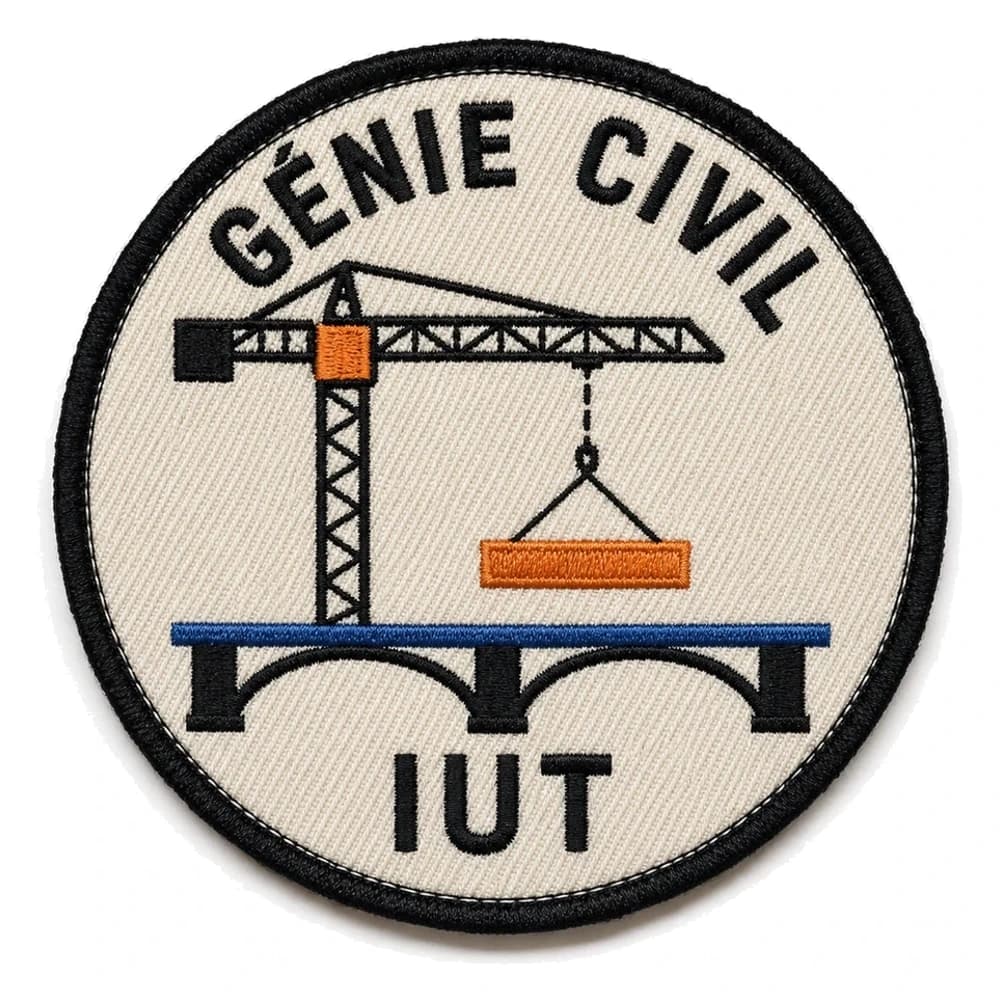 Écusson brodé rond de génie civil en IUT, grue de chantier et pont sur fond écru