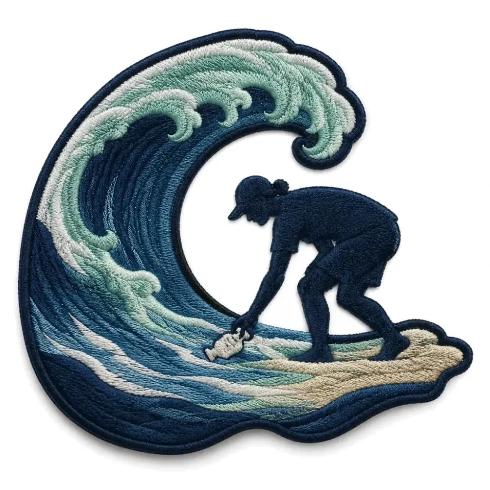 Écusson brodé découpé à la forme d'une vague, bénévole ramassant un déchet sur l'estran, fils bleus et sable