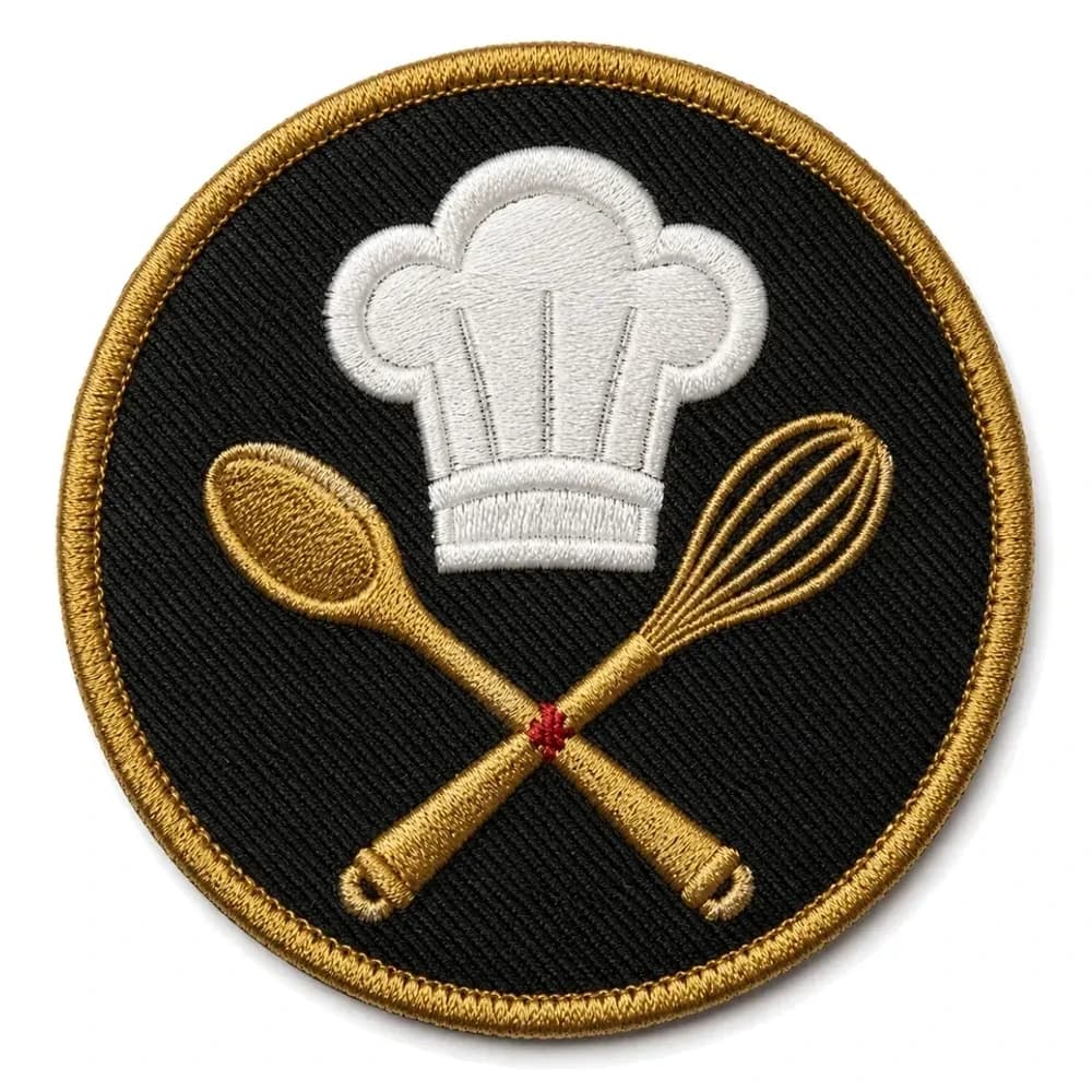 Écusson brodé rond de restaurant, toque de chef, cuillère et fouet croisés en fil or sur fond noir