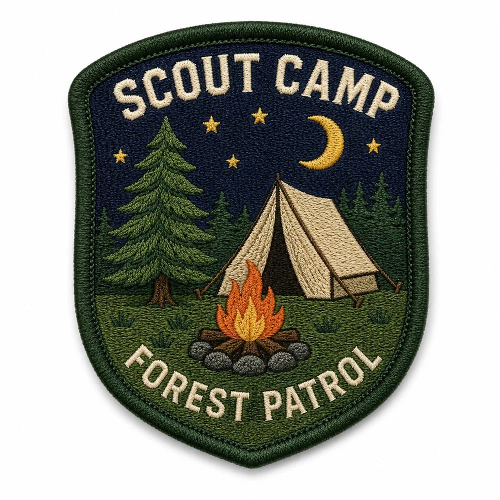 Écusson brodé en écu de camp scout, tente et feu sous les sapins, mentions Scout Camp et Forest Patrol