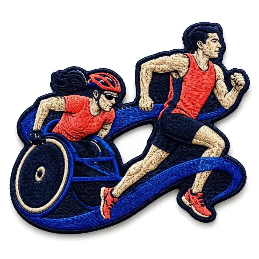 Écusson brodé découpé à la forme, athlète en fauteuil de course et coureur côte à côte, fils bleu, rouge et écru