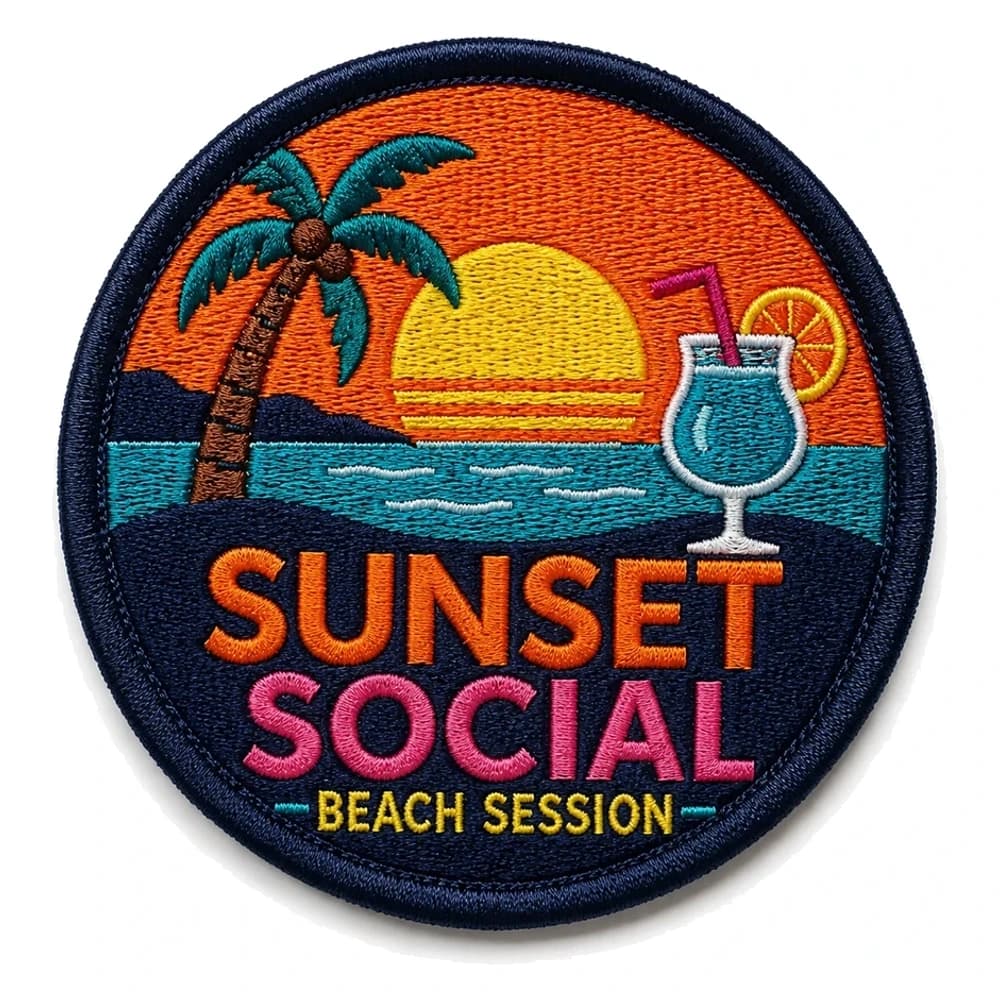 Écusson brodé rond Sunset Social, palmier et coucher de soleil