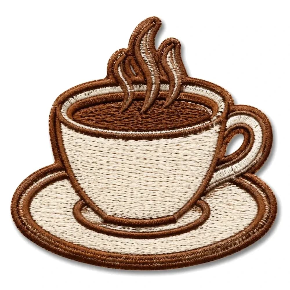 Écusson brodé découpé à la forme d'une tasse de café fumante sur sa soucoupe, fil crème et brun