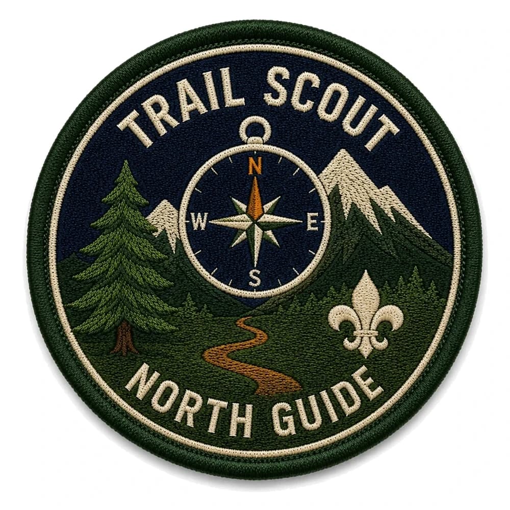 Écusson brodé rond de guide de randonnée, boussole et sapins, mentions Trail Scout et North Guide