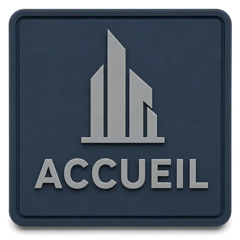 Écusson PVC 3D carré de badge d'accueil, silhouette de tours en relief gris clair sur fond bleu ardoise, mention Accueil