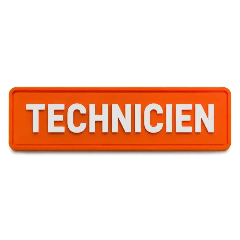 Bande PVC 3D rectangulaire de vêtement de travail, mention Technicien en relief blanc sur fond orange sécurité