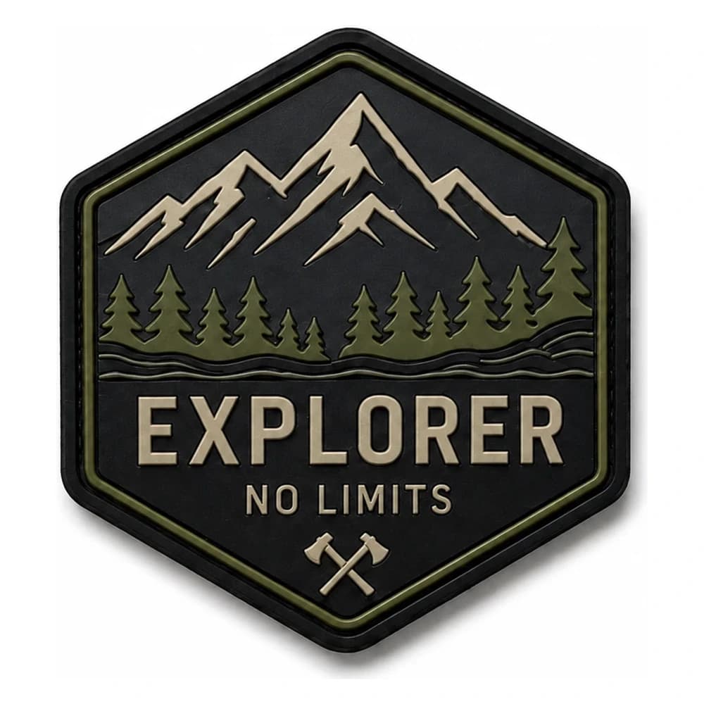 Écusson PVC 3D hexagonal, montagne et forêt en relief, mentions Explorer et No Limits sur fond kaki