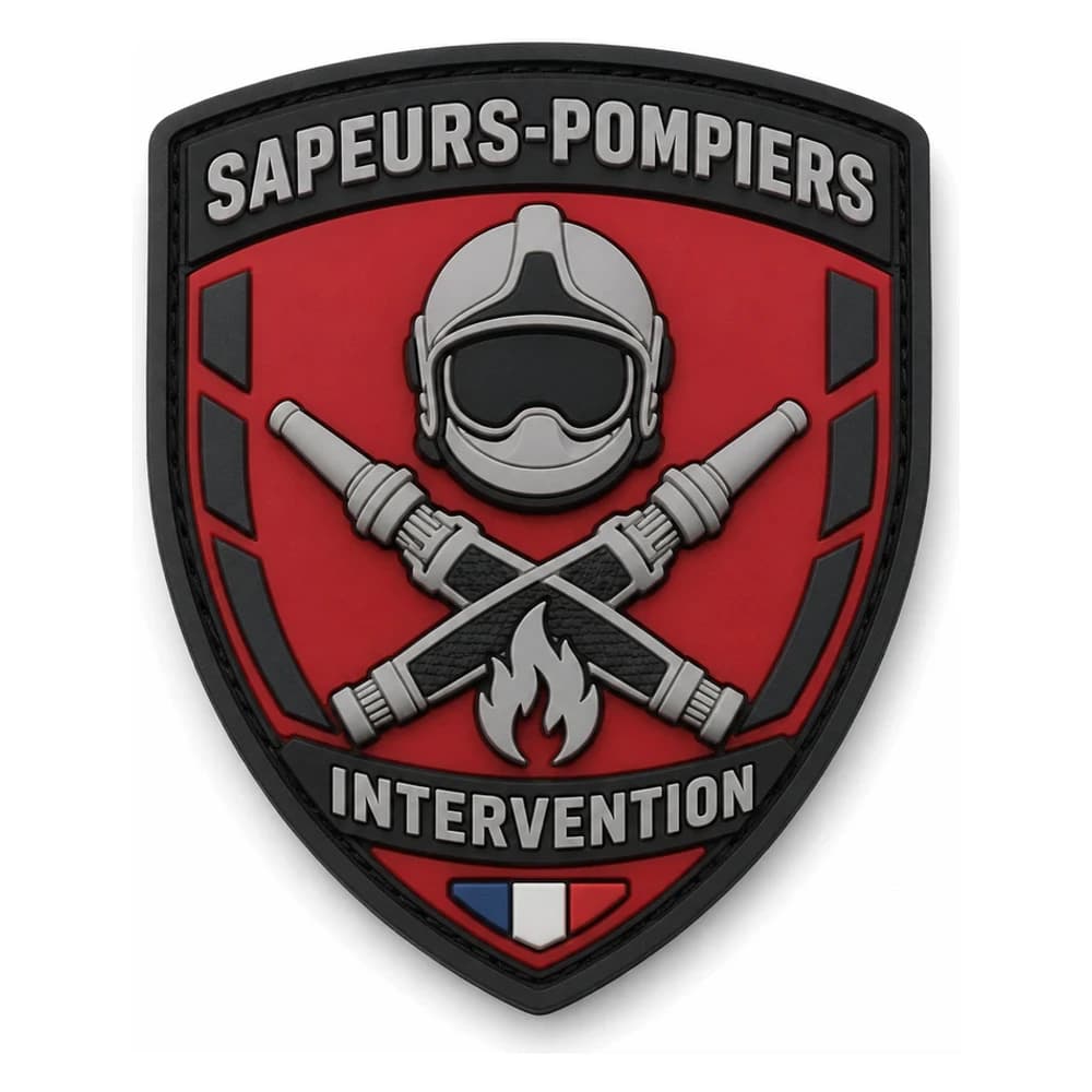 Écusson PVC 3D en écu de sapeurs-pompiers, casque et lances croisées sur fond rouge, mentions Sapeurs-Pompiers et Intervention