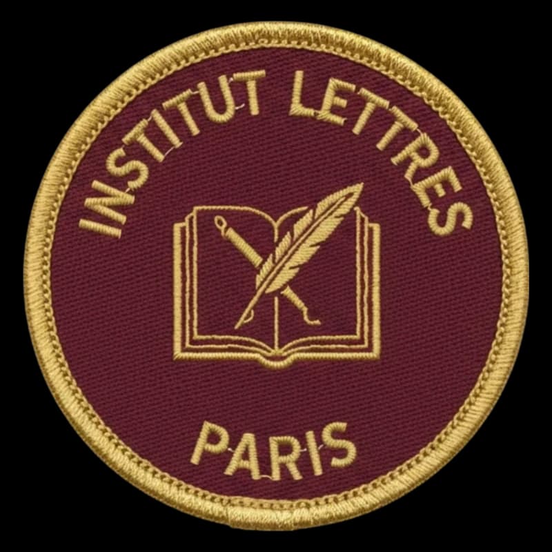 Écusson tissé d'académie, blason scolaire détaillé