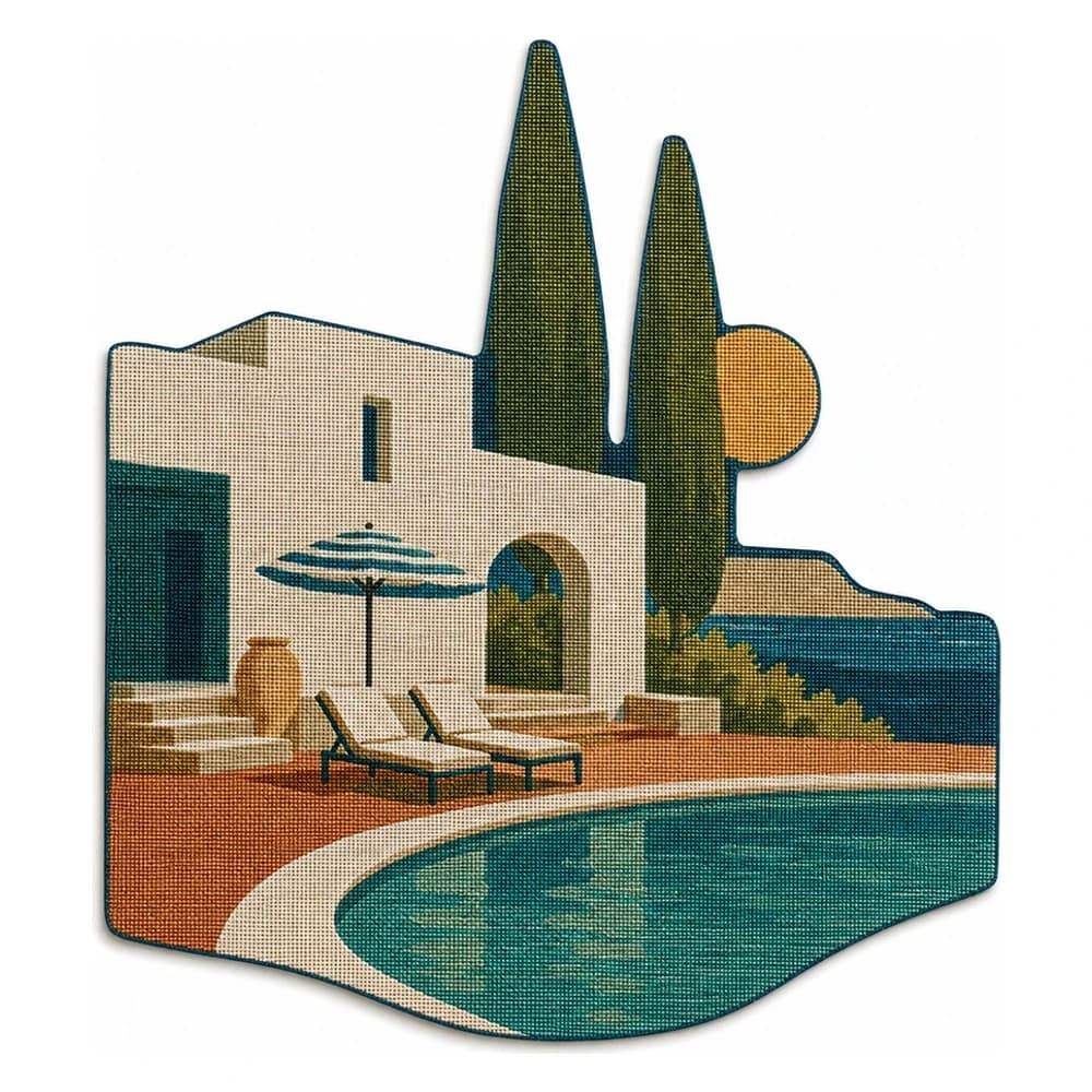 Écusson tissé découpé à la forme, villa méditerranéenne et piscine, contour suivant les cyprès