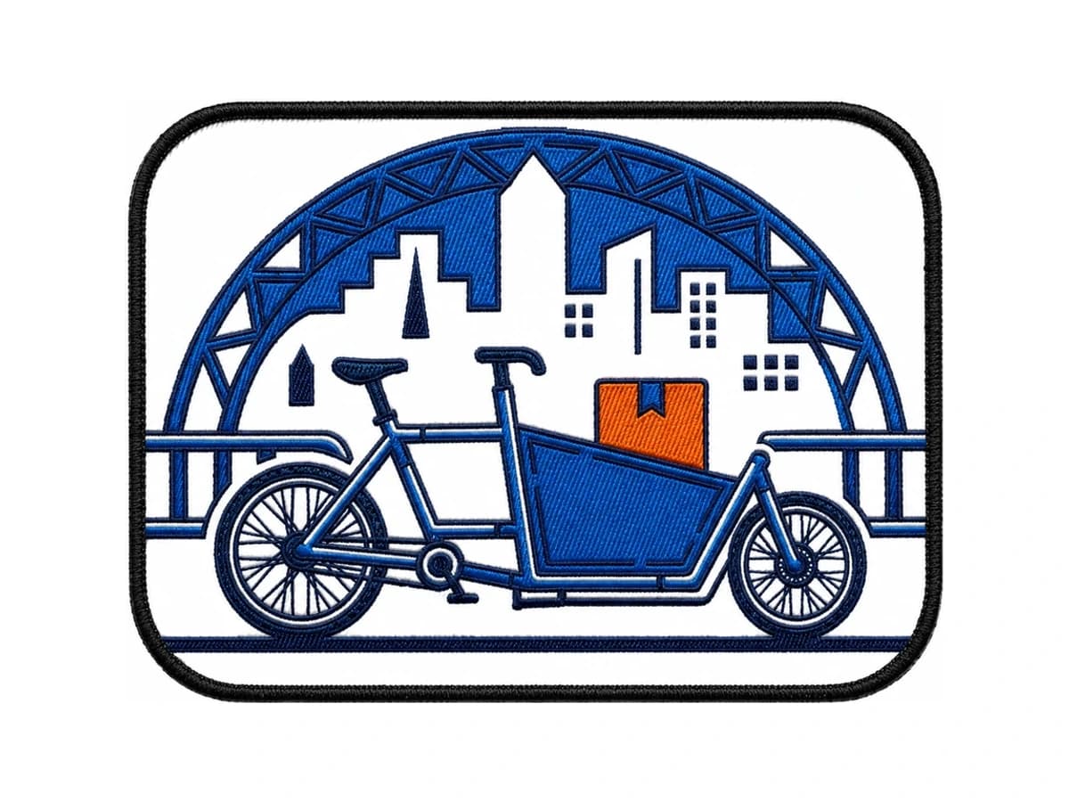 Le même logo de vélo cargo fabriqué en écusson brodé : relief du fil, bourdon noir au bord