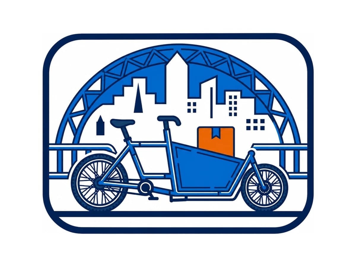 Logo vectoriel à plat d'un vélo cargo de coursier devant une skyline, avant fabrication