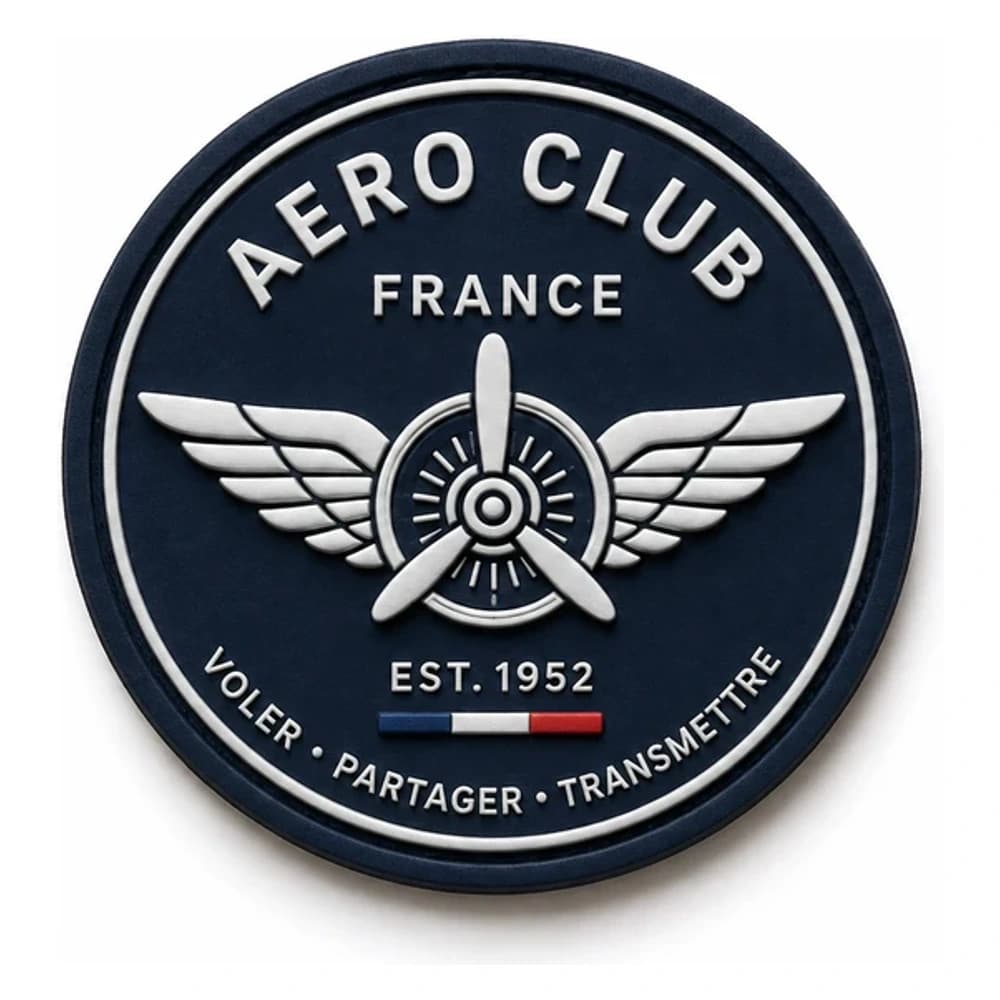 Écusson brodé rond d'aéro-club, hélice ailée en fil argent et mention Aero Club France sur fond marine