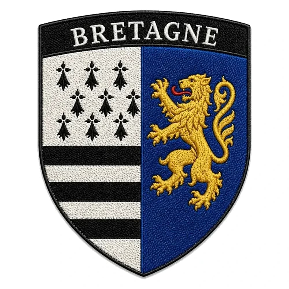 Écusson brodé blason de Bretagne, hermines et lion d'or sur écu parti