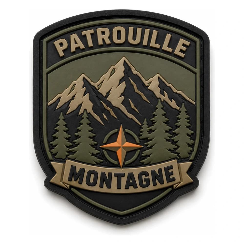 Écusson brodé de patrouille montagne, blason kaki à la boussole