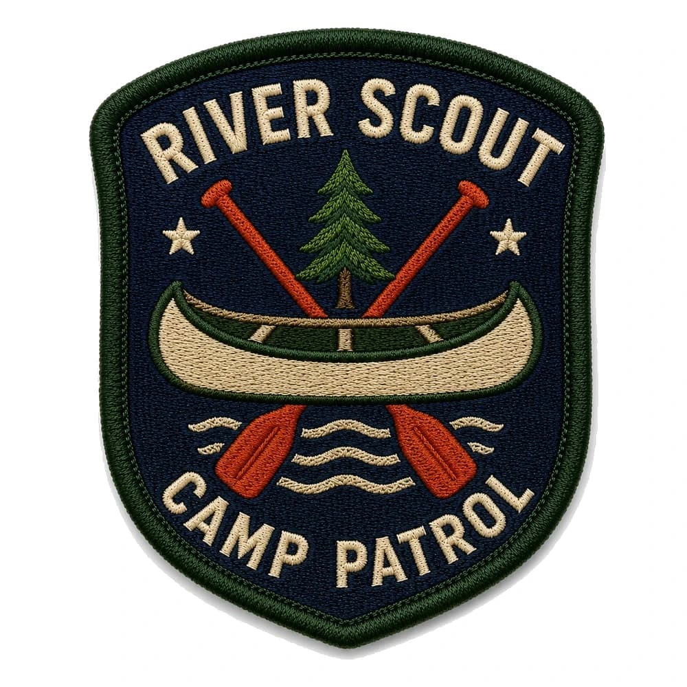 Écusson brodé en écu de patrouille scoute, canoë et pagaies croisées, mentions River Scout et Camp Patrol