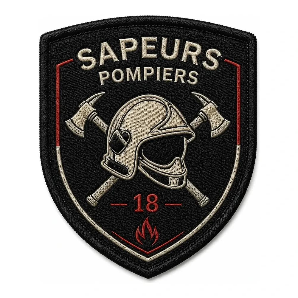Écusson brodé de sapeurs-pompiers, casque et haches croisées