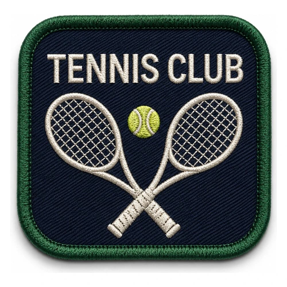 Écusson brodé carré de club de tennis, raquettes croisées et balle jaune en fil écru sur fond marine cerclé de vert