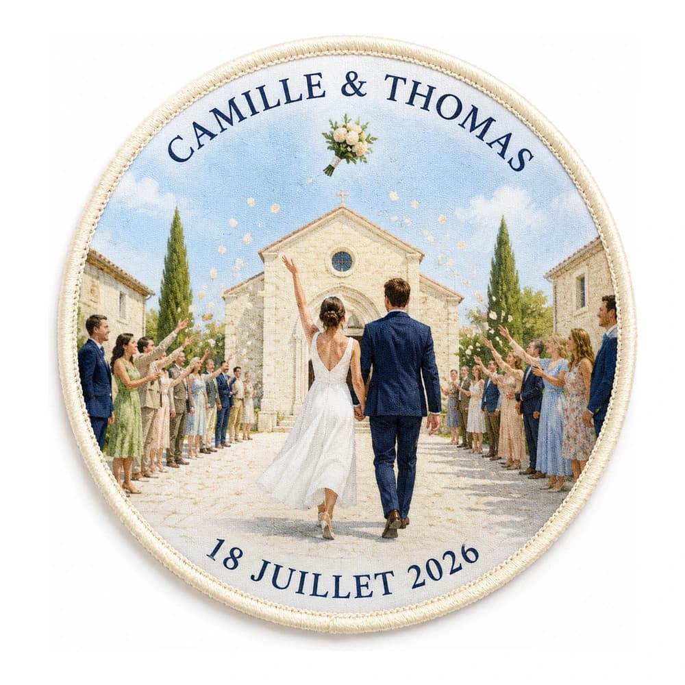 Écusson imprimé rond de mariage, sortie d'église et date de la cérémonie