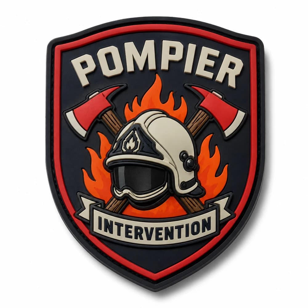 Écusson PVC 3D de pompier, casque et haches sur flammes