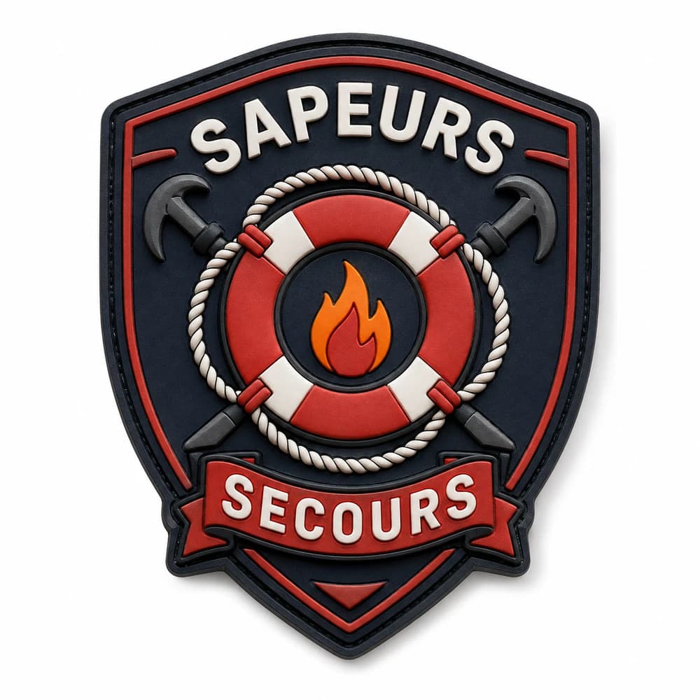Écusson PVC 3D de secours, bouée et flamme sur blason rouge