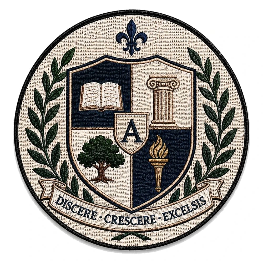Écusson tissé rond, blason d'établissement à quartiers et devise latine sur listel