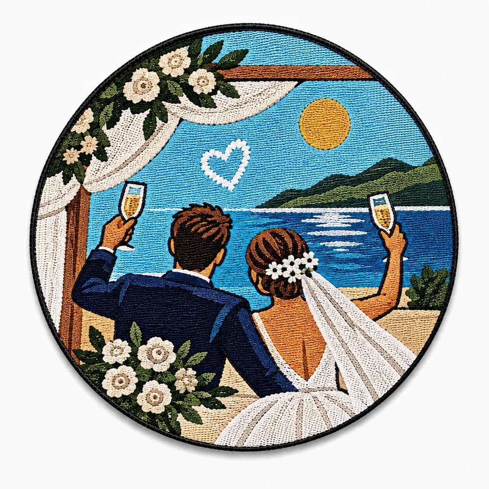 Écusson tissé rond, couple de mariés trinquant face à la mer