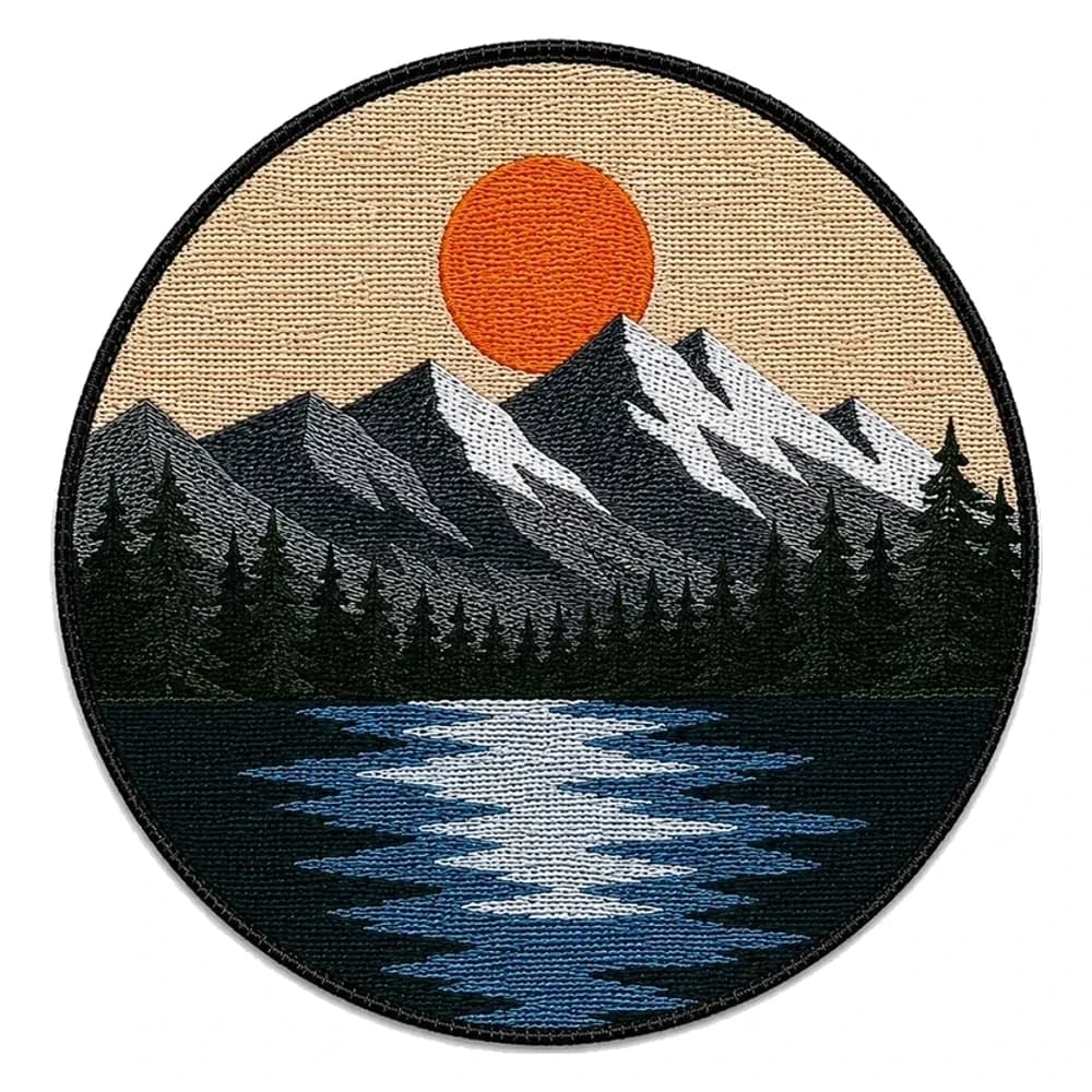 Écusson tissé rond, soleil levant sur un massif enneigé et un lac