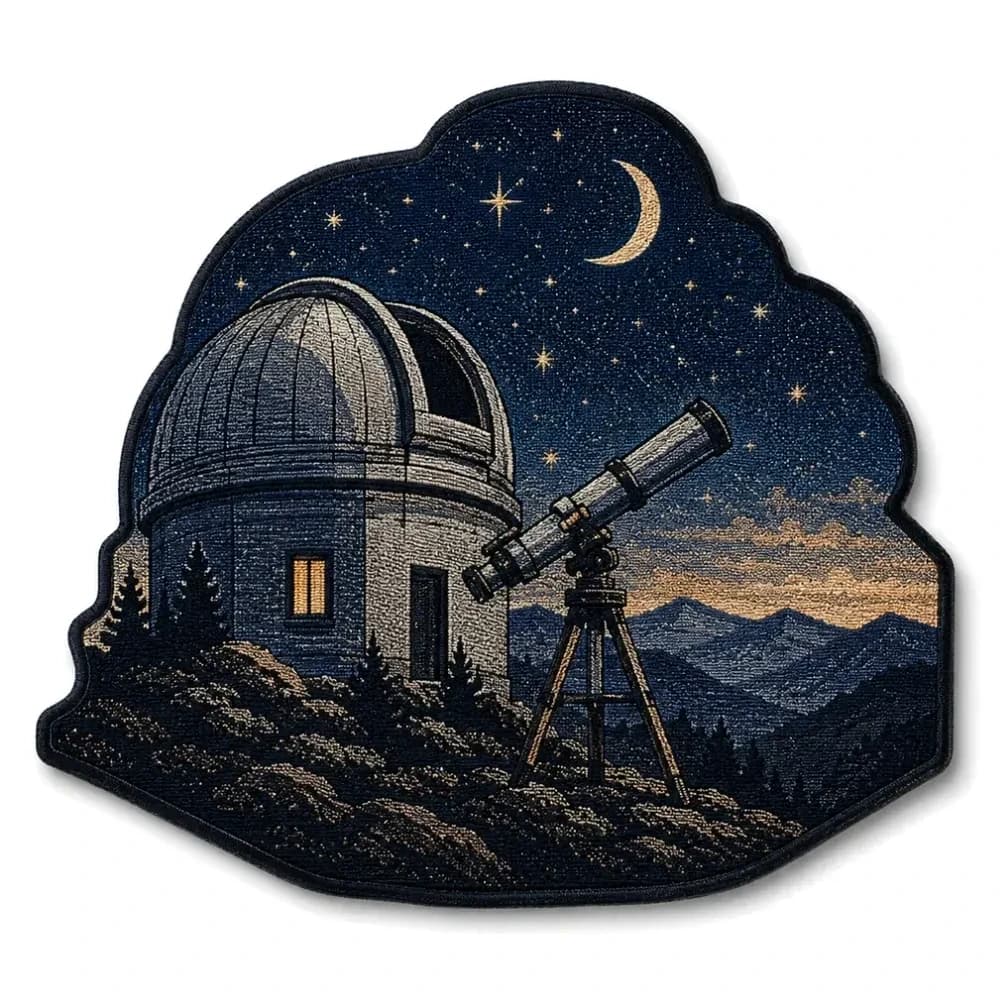 Écusson tissé découpé à la forme, coupole d'observatoire et télescope sous un ciel étoilé au croissant de lune