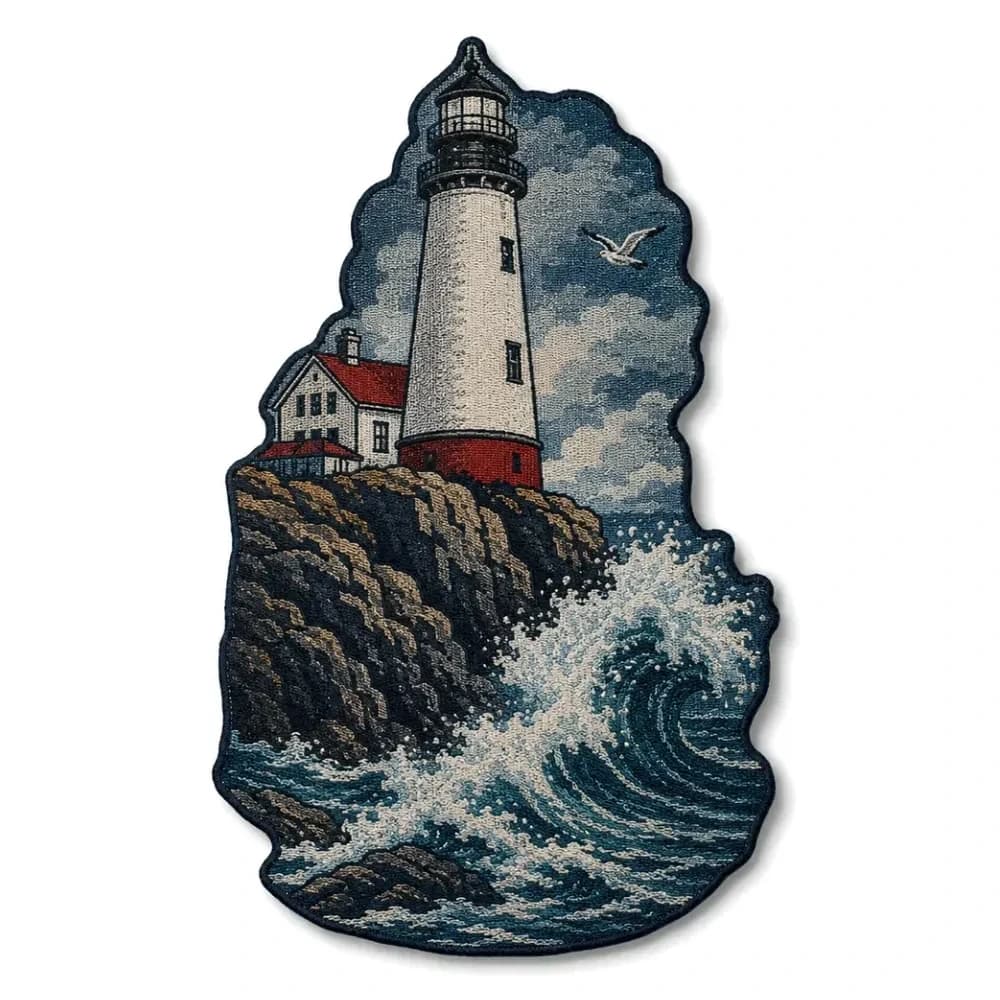 Écusson tissé découpé à la forme, phare à bandes rouges sur des rochers battus par une vague, mouette et ciel nuageux