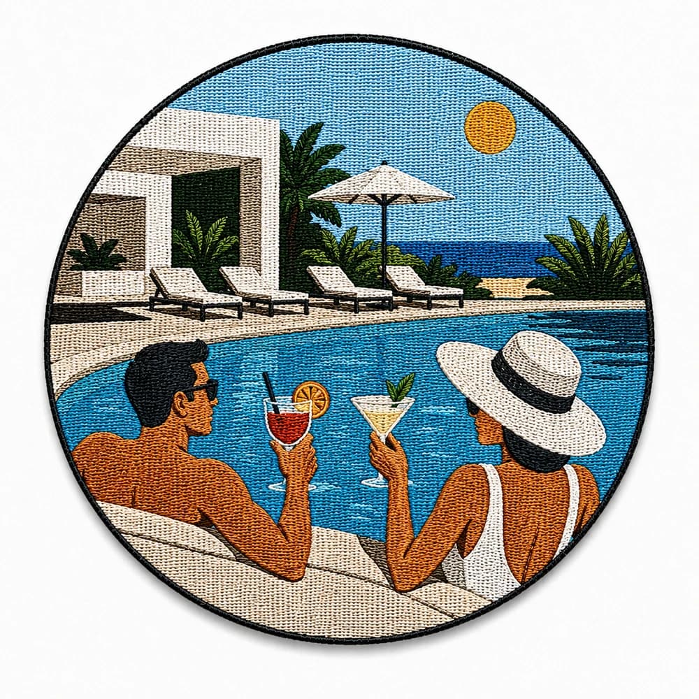 Écusson tissé rond, scène de piscine sur la riviera