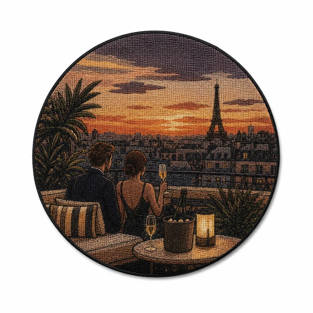 Écusson tissé rond, couple sur un toit parisien face à la tour Eiffel