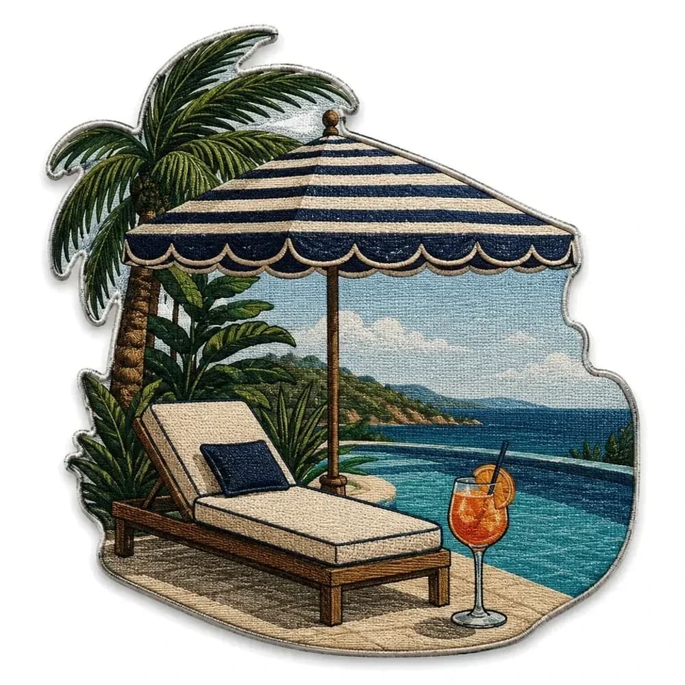 Écusson tissé découpé à la forme, transat sous un parasol rayé marine face à une piscine et à la mer, palmier et cocktail