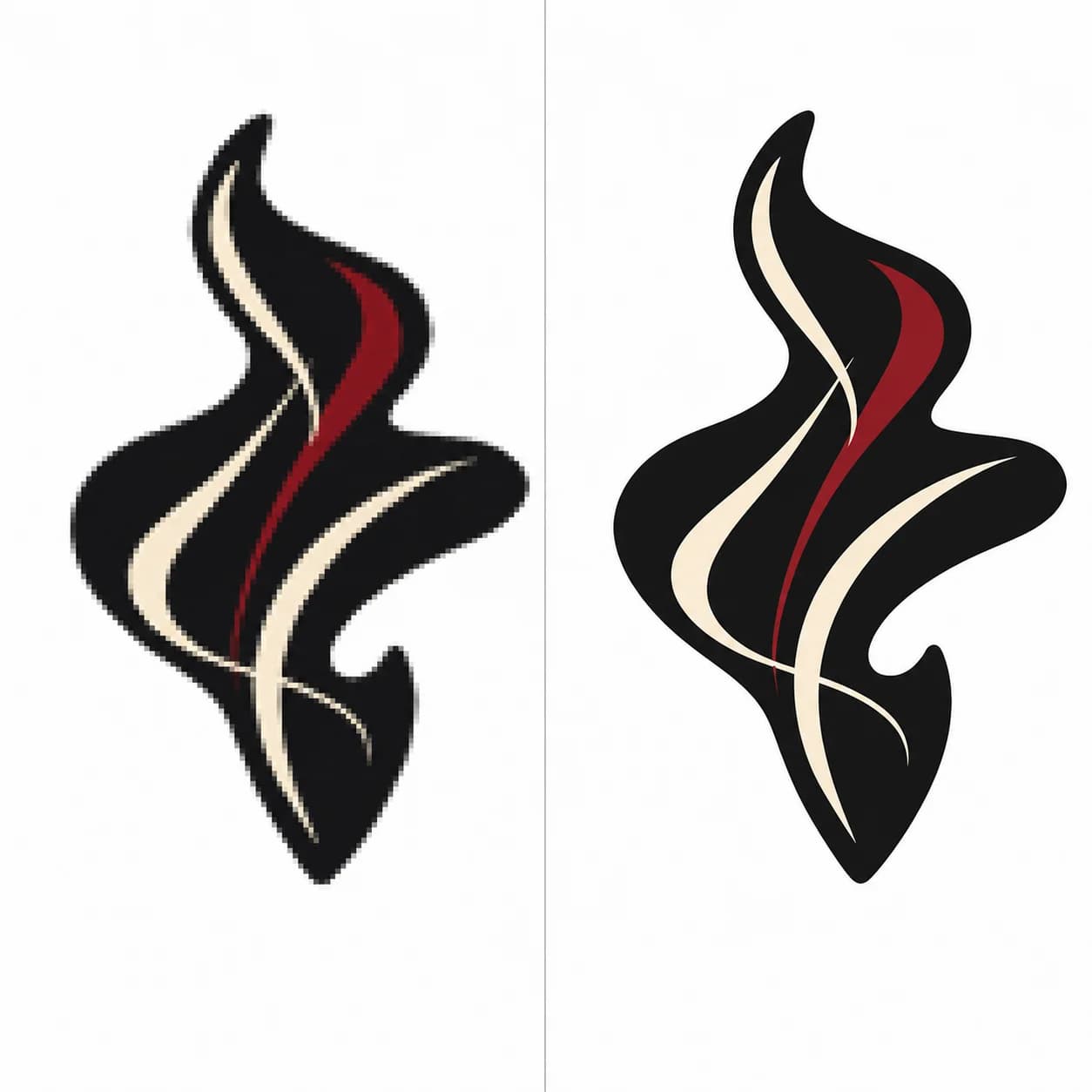 Le même logo côte à côte au même agrandissement : à gauche une version JPEG basse définition aux contours crénelés et flous, à droite la version vectorielle aux tracés nets