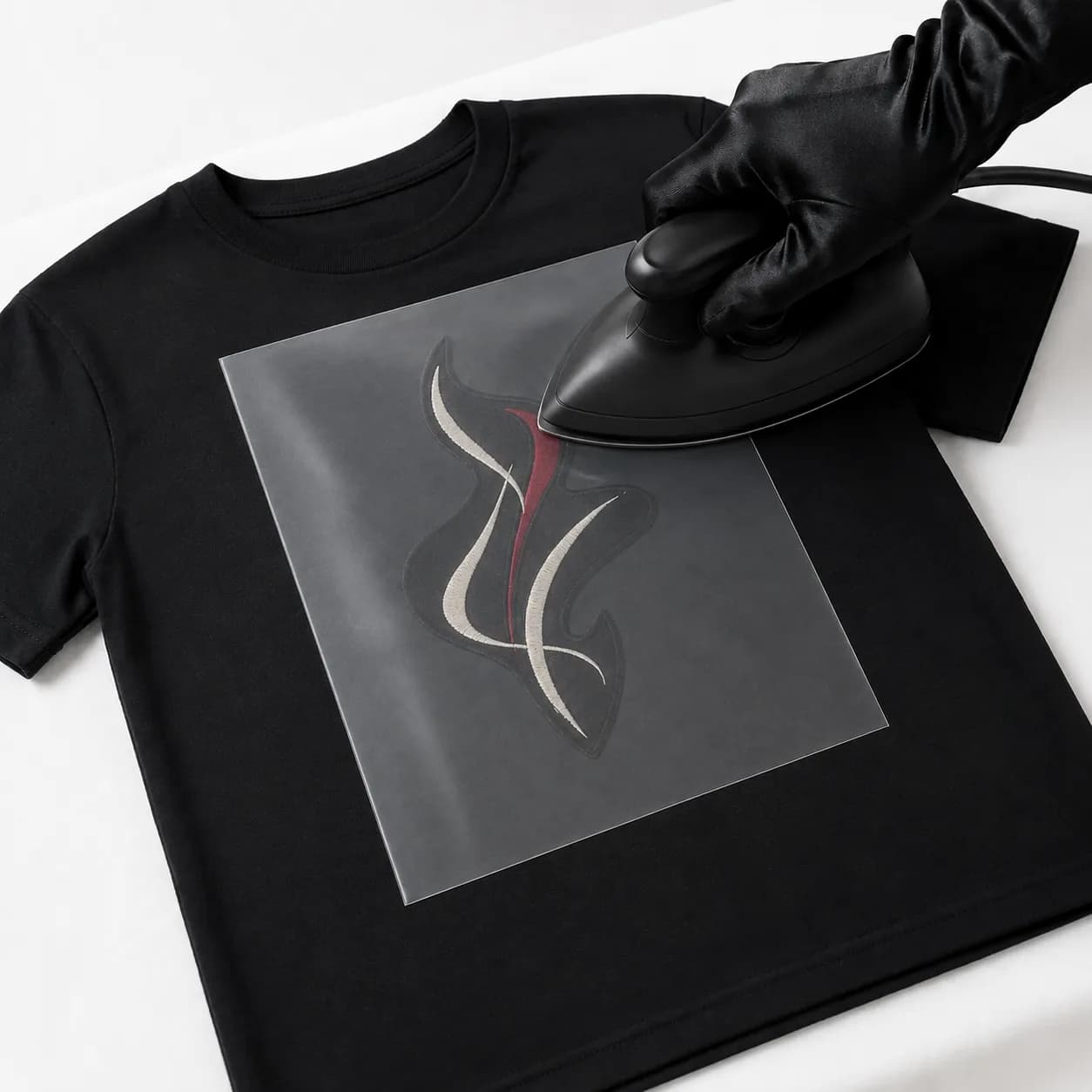 Main gantée passant un fer à repasser sur un écusson brodé posé sur un t-shirt noir, sous une feuille de protection transparente